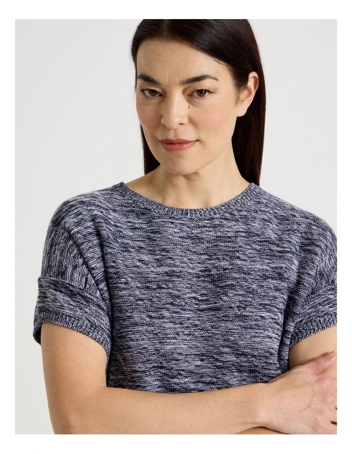 Knitted Short Extended Sleeve Top With Boat Neck in Navy/Ivory Twist image 7
