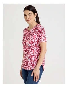 Wardrobe Staple Short Sleeve Tee in White/Reds Watercolour Leaf Print