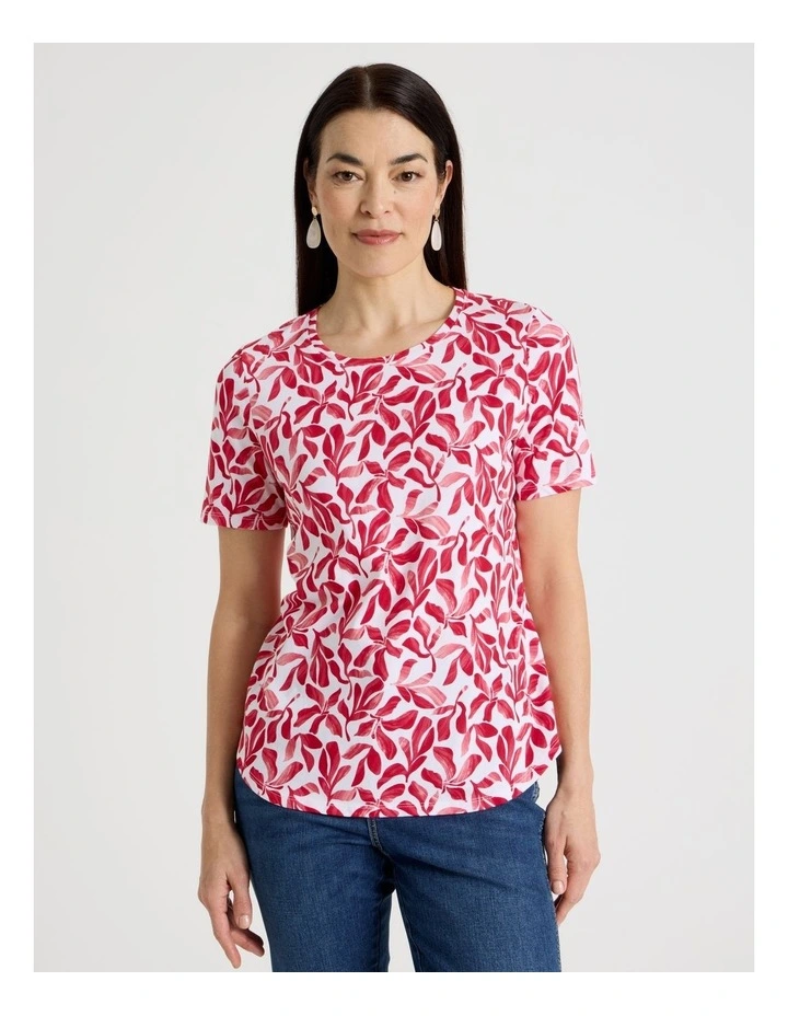 Wardrobe Staple Short Sleeve Tee in White/Reds Watercolour Leaf Print image 3