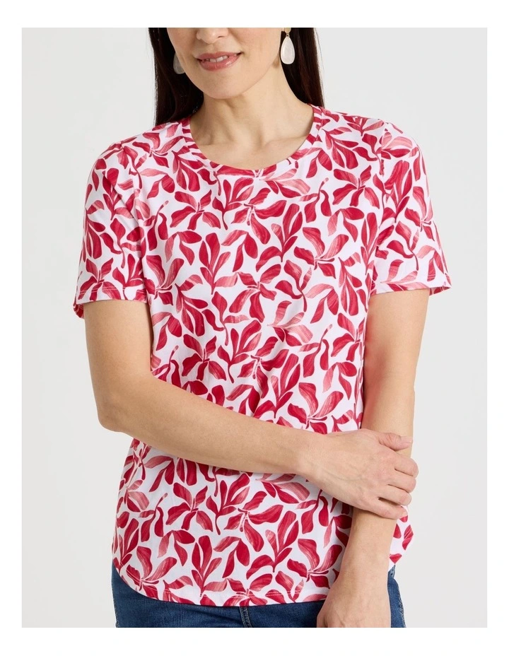 Wardrobe Staple Short Sleeve Tee in White/Reds Watercolour Leaf Print image 4
