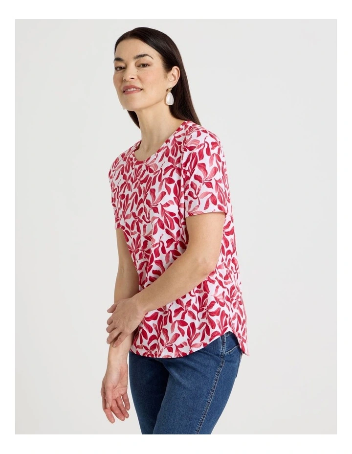 Wardrobe Staple Short Sleeve Tee in White/Reds Watercolour Leaf Print image 5