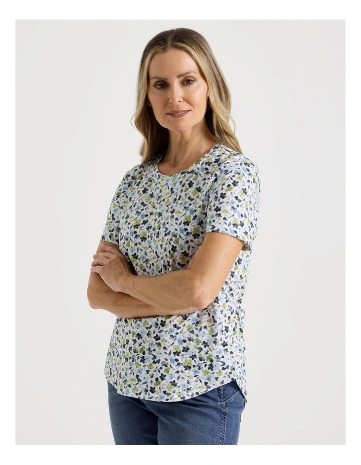 Wardrobe Staple Short Sleeve Tee in Blues/Greens Watercolour Floral Ditsy Print image 1