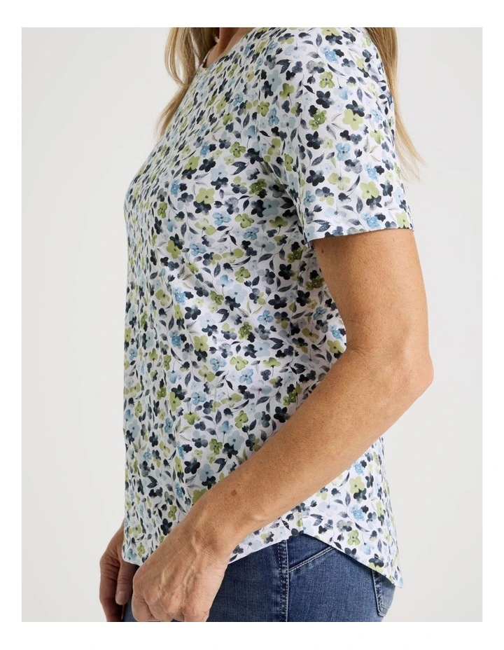 Wardrobe Staple Short Sleeve Tee in Blues/Greens Watercolour Floral Ditsy Print image 2