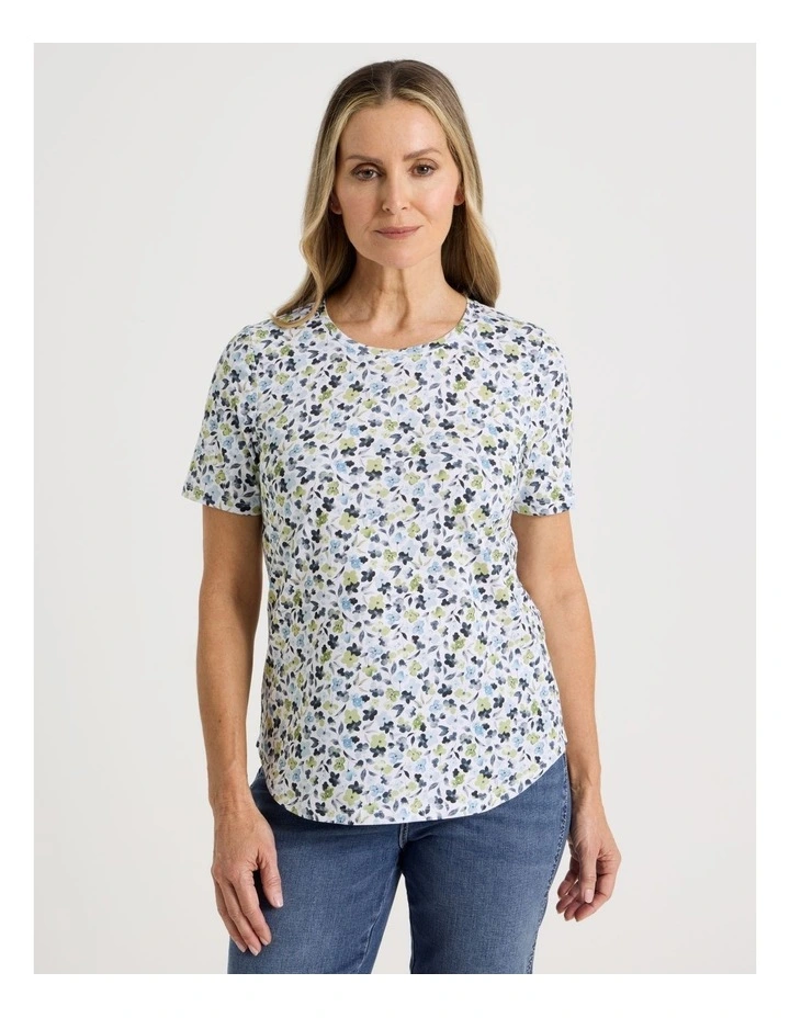 Wardrobe Staple Short Sleeve Tee in Blues/Greens Watercolour Floral Ditsy Print image 3