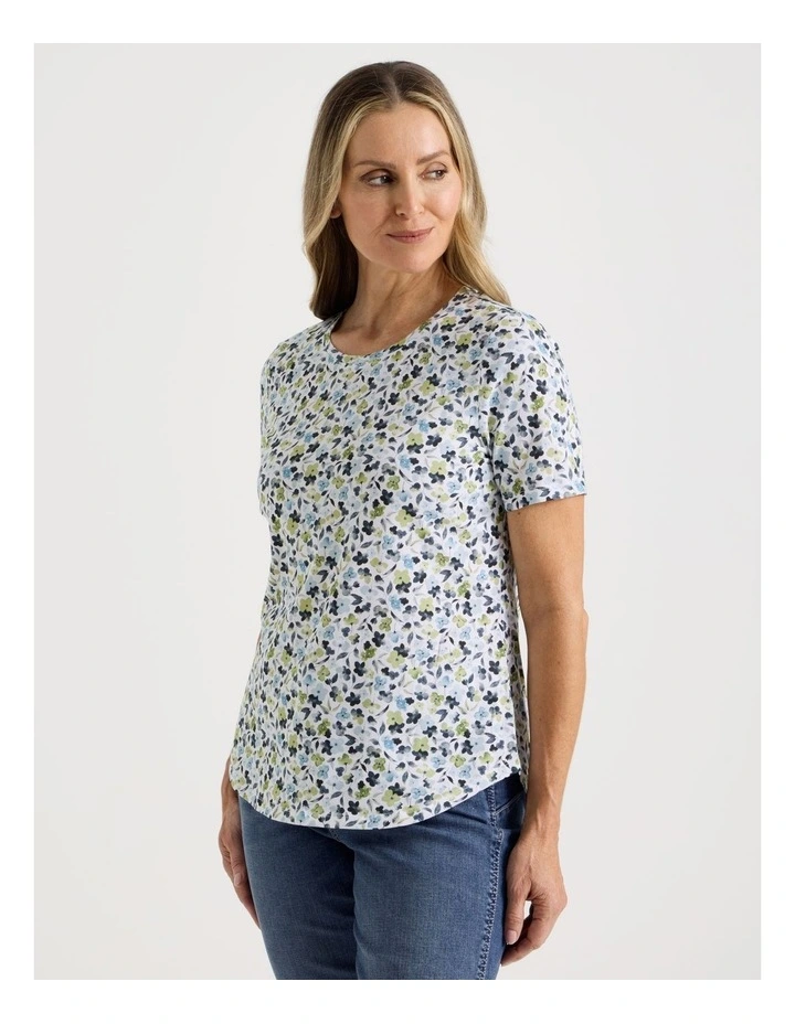 Wardrobe Staple Short Sleeve Tee in Blues/Greens Watercolour Floral Ditsy Print image 5