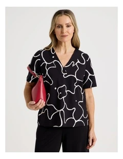 Short Sleeve V Neck Ponte Tee in Black/Ivory Large Abstract Print
