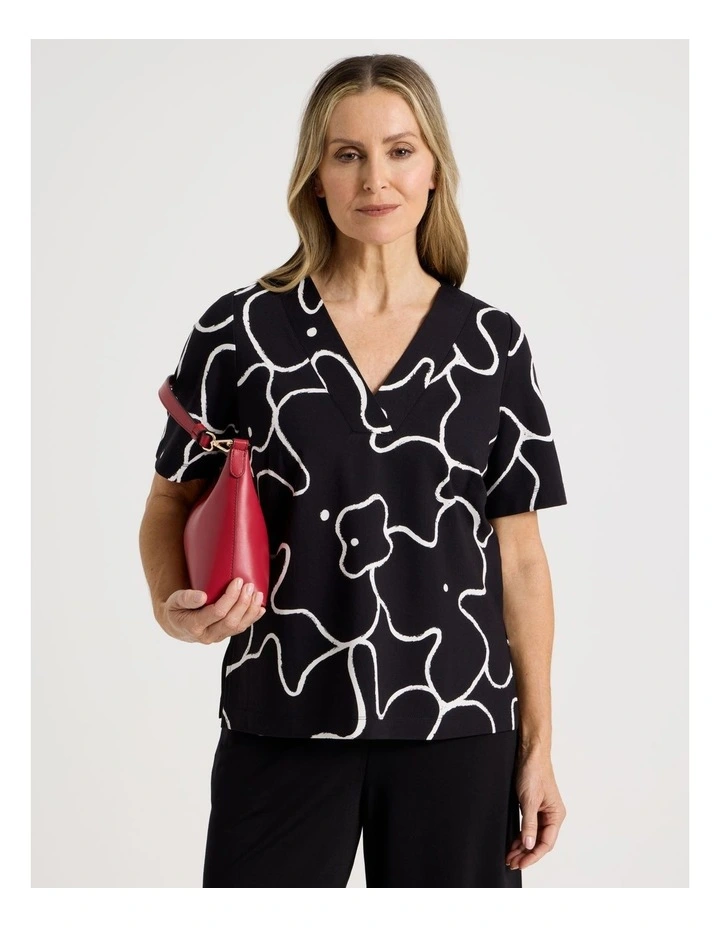 Short Sleeve V Neck Ponte Tee in Black/Ivory Large Abstract Print image 1