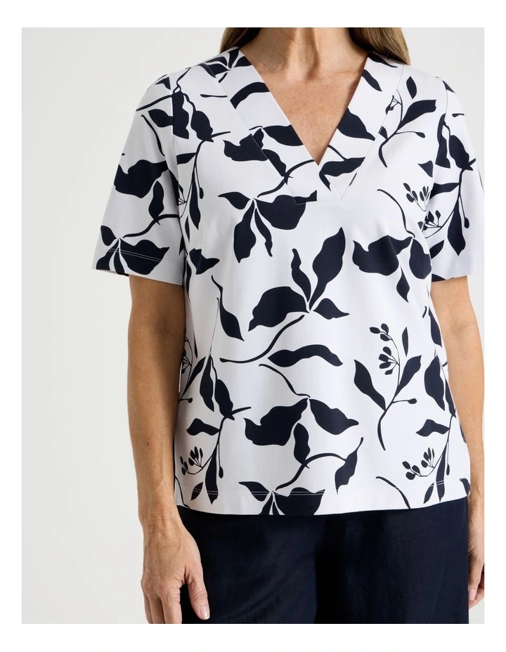 Short Sleeve V Neck Ponte Tee in Navy/Ivory Leaf Print image 2