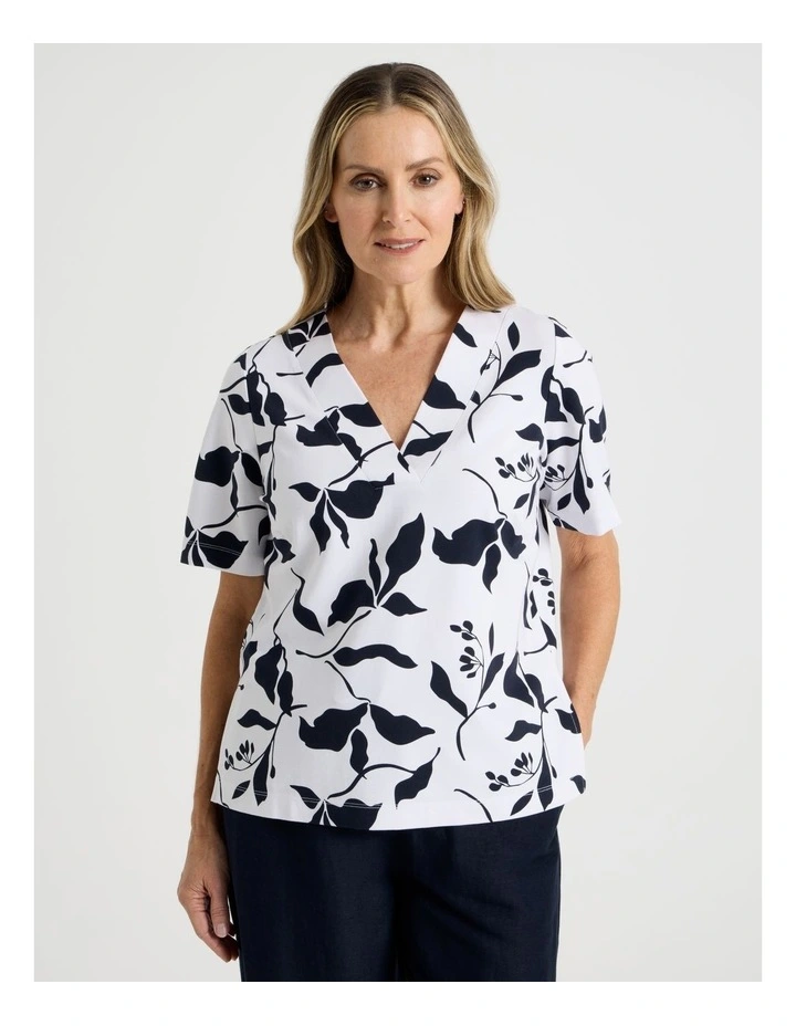 Short Sleeve V Neck Ponte Tee in Navy/Ivory Leaf Print image 4