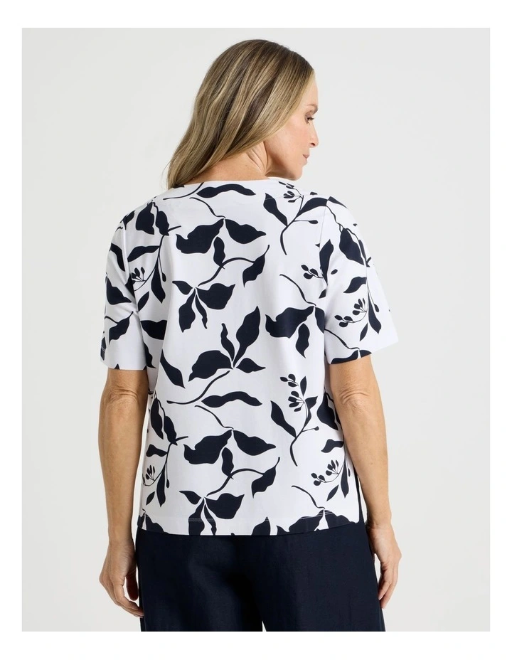 Short Sleeve V Neck Ponte Tee in Navy/Ivory Leaf Print image 6