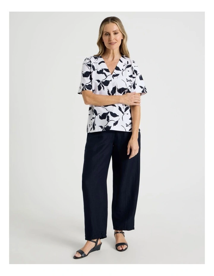 Short Sleeve V Neck Ponte Tee in Navy/Ivory Leaf Print image 7