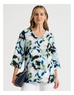 Long Sleeve V-Neck Tunic in Blues/Olive Blurred Floral