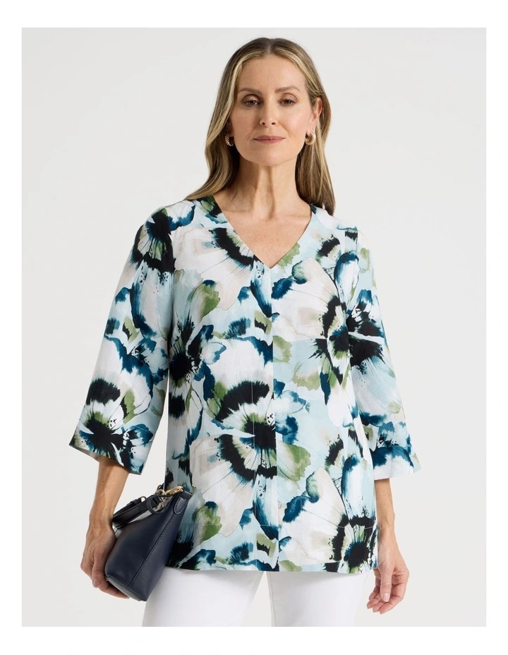 Long Sleeve V-Neck Tunic in Blues/Olive Blurred Floral image 1