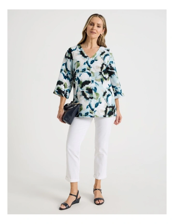 Long Sleeve V-Neck Tunic in Blues/Olive Blurred Floral image 2