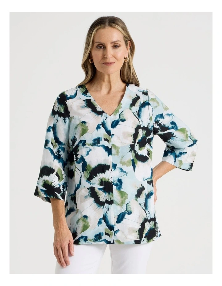 Long Sleeve V-Neck Tunic in Blues/Olive Blurred Floral image 3