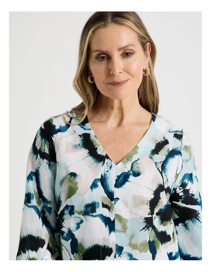 Long Sleeve V-Neck Tunic in Blues/Olive Blurred Floral image 4