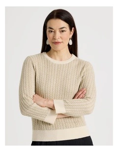 3/4 Sleeve Pointelle Knit Jumper With Lurex in Neutral/Gold