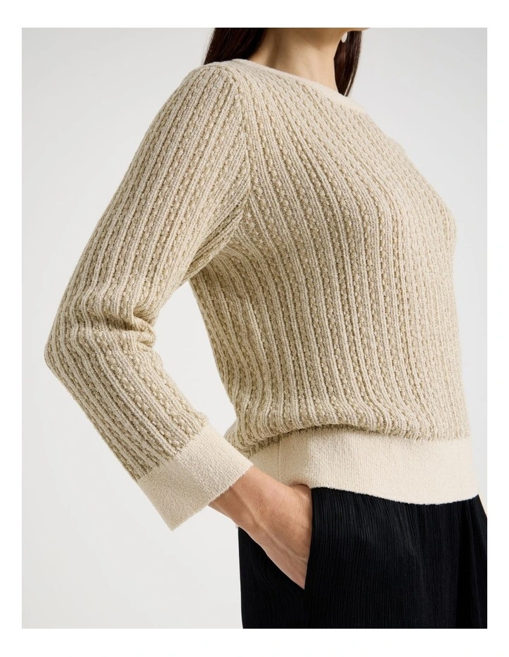 3/4 Sleeve Pointelle Knit Jumper With Lurex in Neutral/Gold image 2