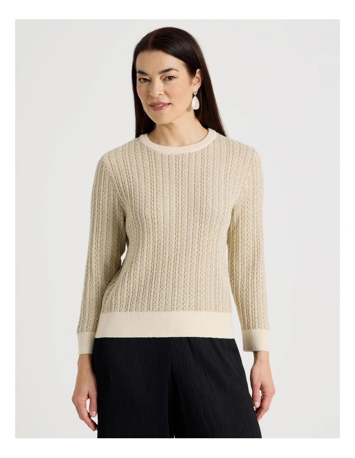 3/4 Sleeve Pointelle Knit Jumper With Lurex in Neutral/Gold image 4