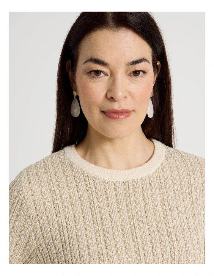 3/4 Sleeve Pointelle Knit Jumper With Lurex in Neutral/Gold image 5