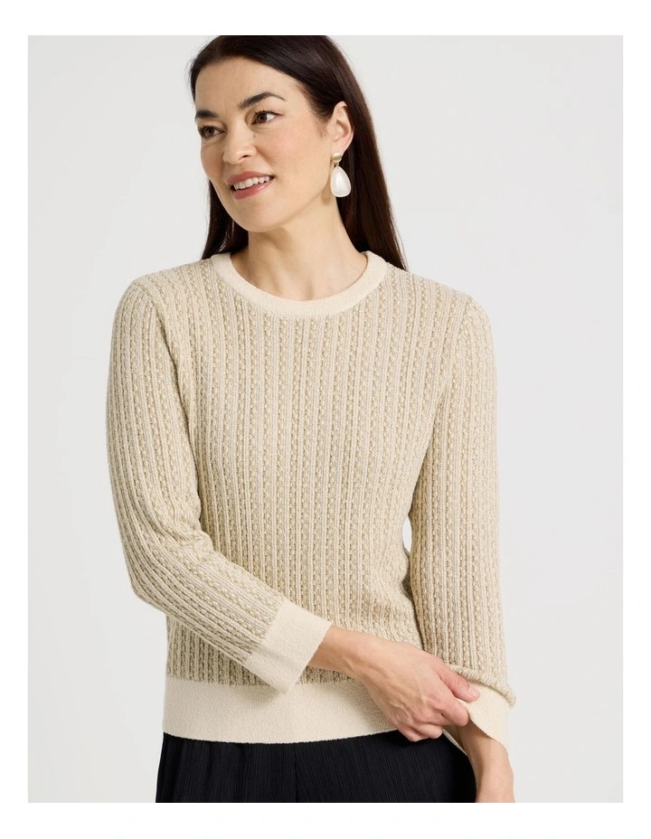 3/4 Sleeve Pointelle Knit Jumper With Lurex in Neutral/Gold image 7