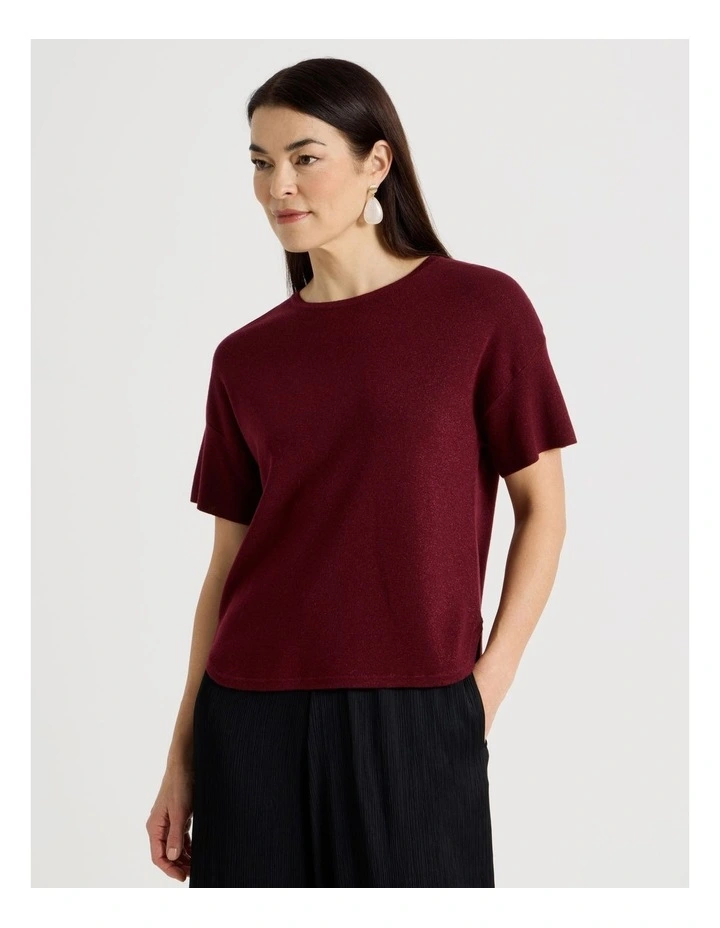 Fully Fashioned Short Drop Shoulder Top in Burgandy Lurex image 3
