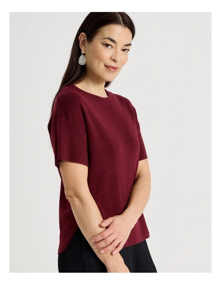 Fully Fashioned Short Drop Shoulder Top in Burgandy Lurex image 4