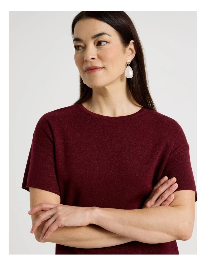 Fully Fashioned Short Drop Shoulder Top in Burgandy Lurex image 5
