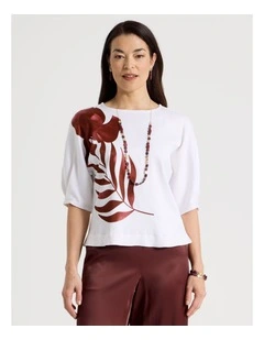 Tuck Elbow Length Sleeve Top With Impact Print in Ivory/Burgundy