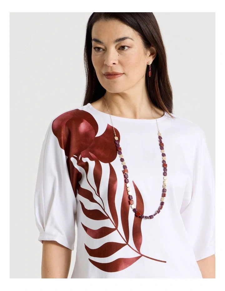 Tuck Elbow Length Sleeve Top With Impact Print in Ivory/Burgundy image 3
