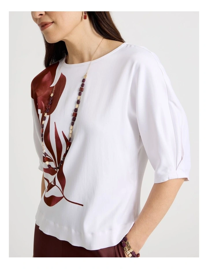 Tuck Elbow Length Sleeve Top With Impact Print in Ivory/Burgundy image 4