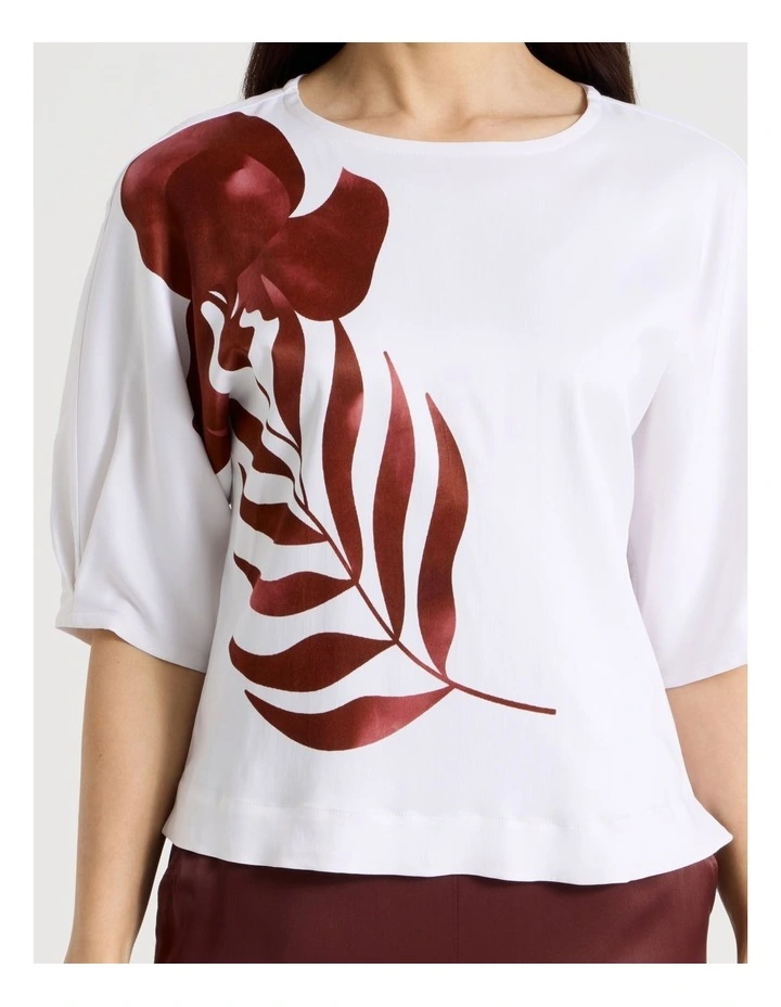 Tuck Elbow Length Sleeve Top With Impact Print in Ivory/Burgundy image 5