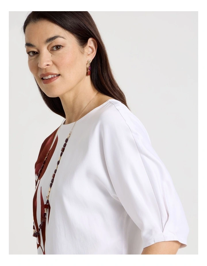 Tuck Elbow Length Sleeve Top With Impact Print in Ivory/Burgundy image 7