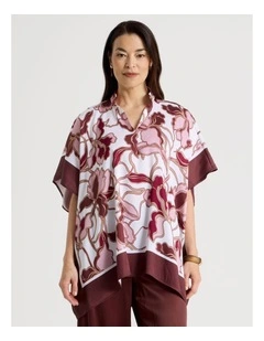 Scarf Top With Notch Neck & Stand Collar in Floral With Burgundy Border
