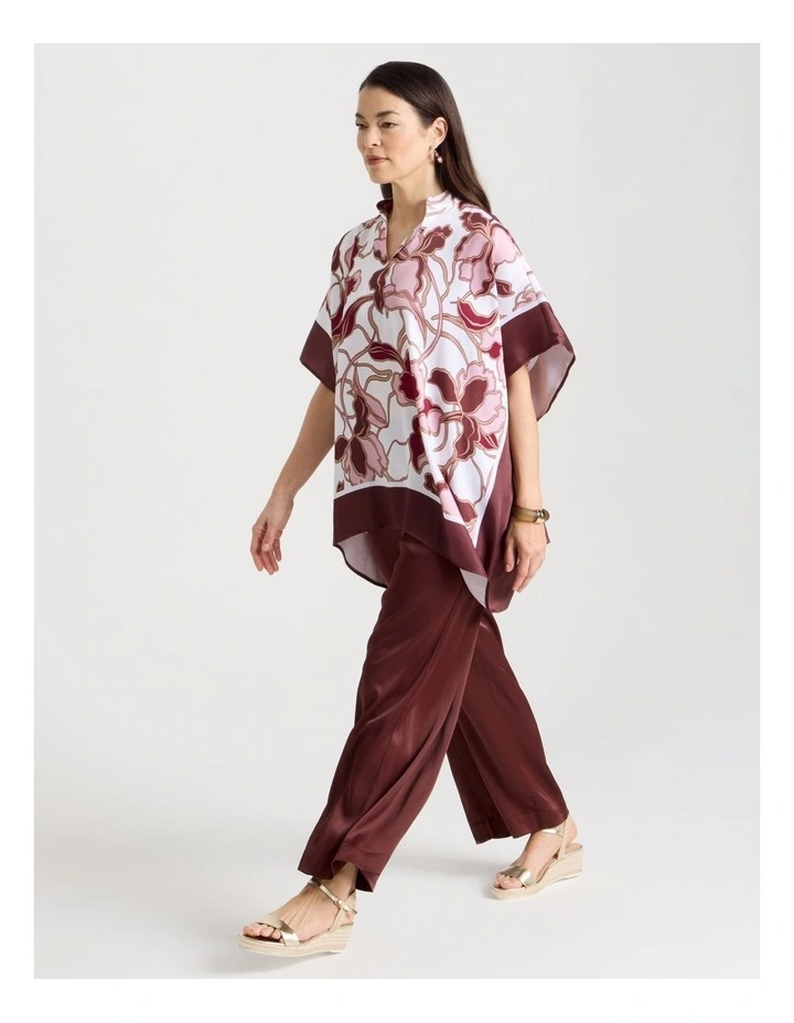 Scarf Top With Notch Neck & Stand Collar in Floral With Burgundy Border image 2