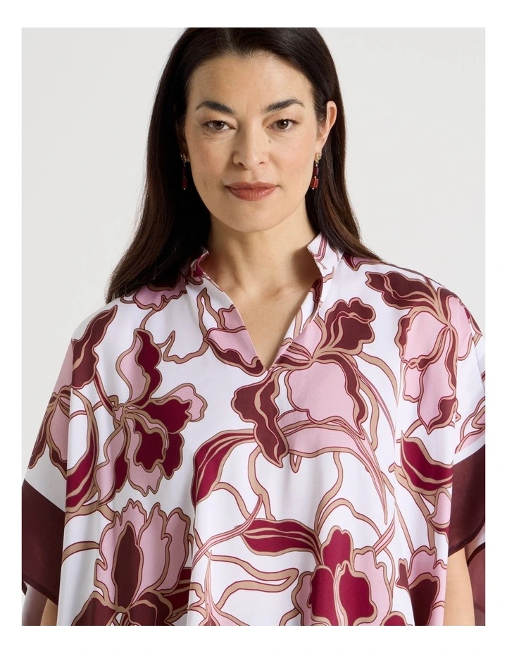Scarf Top With Notch Neck & Stand Collar in Floral With Burgundy Border image 3