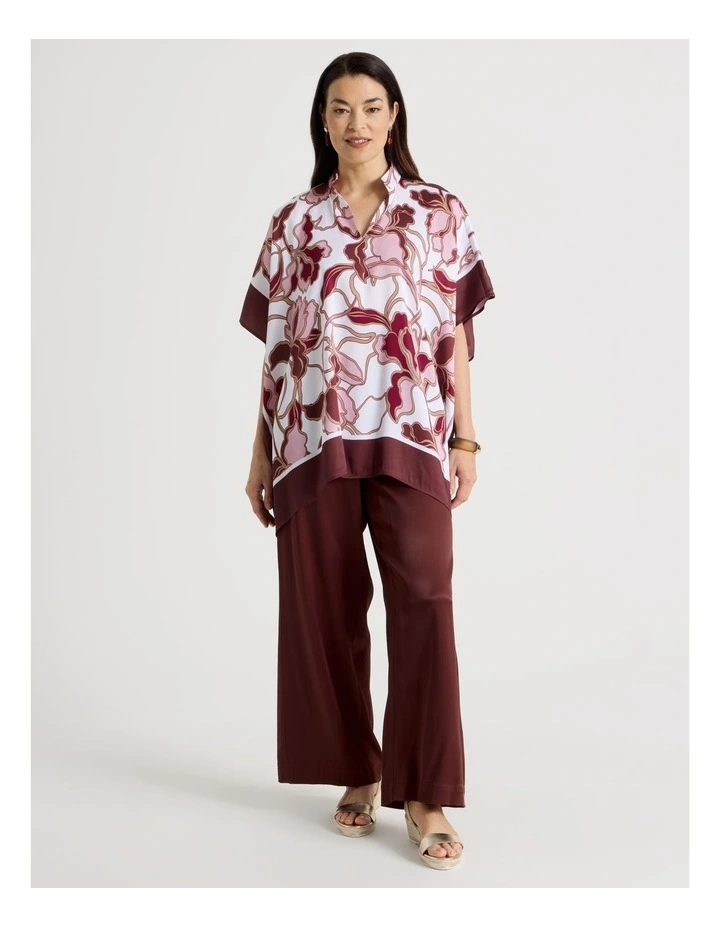 Scarf Top With Notch Neck & Stand Collar in Floral With Burgundy Border image 4