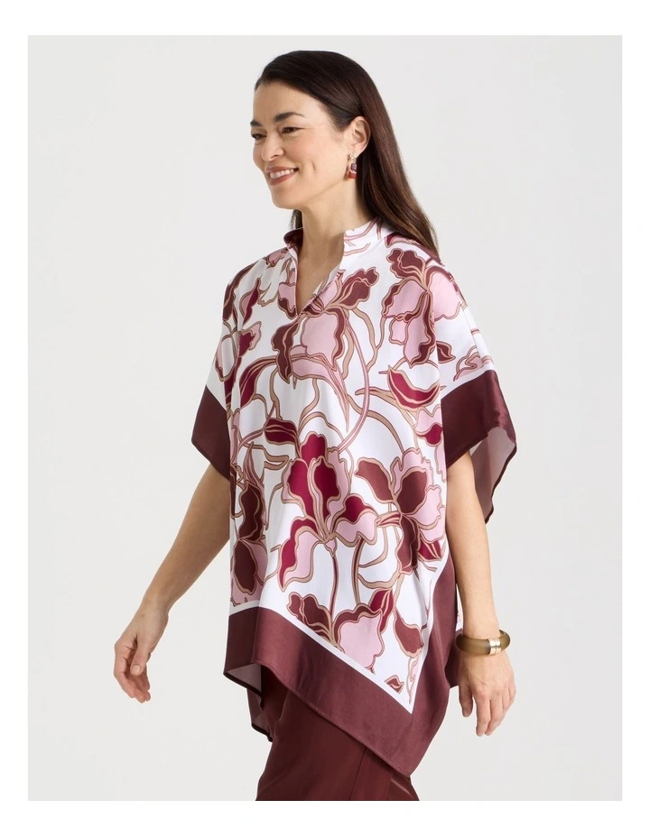 Scarf Top With Notch Neck & Stand Collar in Floral With Burgundy Border image 5