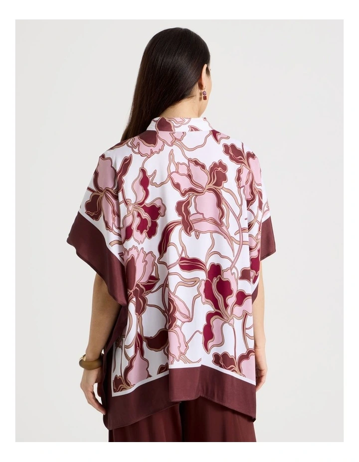Scarf Top With Notch Neck & Stand Collar in Floral With Burgundy Border image 6