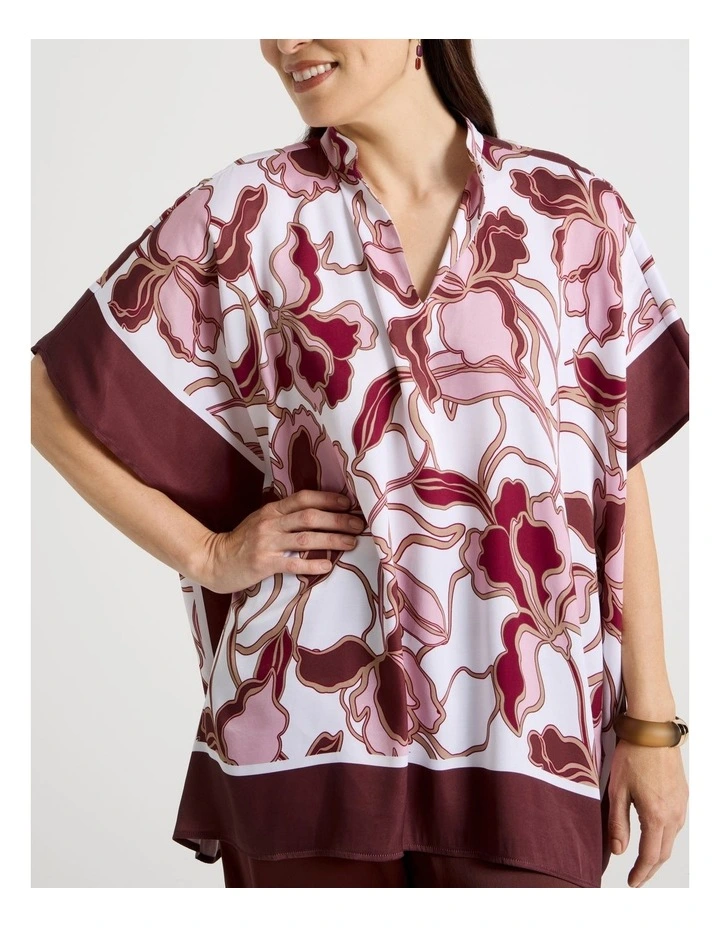 Scarf Top With Notch Neck & Stand Collar in Floral With Burgundy Border image 7
