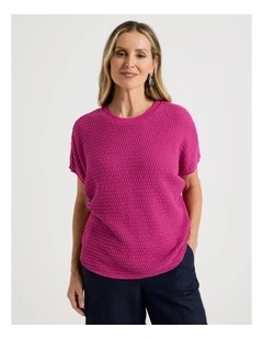 Extended Short Sleeve Tee with Curved Hem in Hot Pink