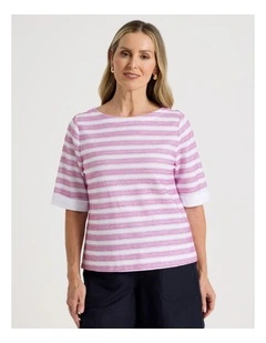 Short Sleeve Boat Neck Tee with Cuff in White and Hot Pink Embroidered Stripe