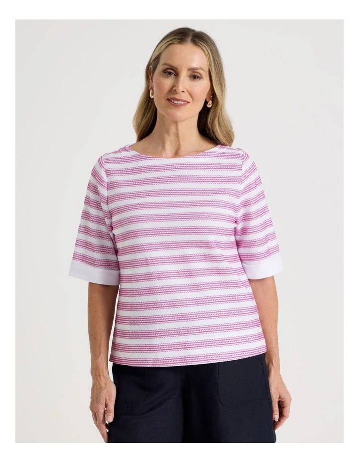 Short Sleeve Boat Neck Tee with Cuff in White and Hot Pink Embroidered Stripe image 1