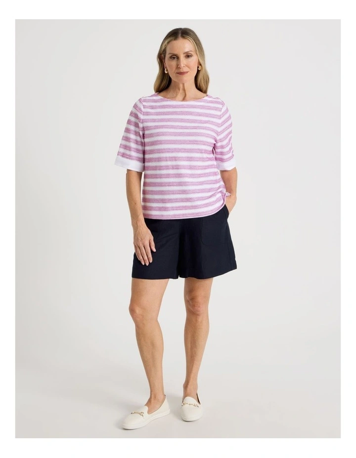 Short Sleeve Boat Neck Tee with Cuff in White and Hot Pink Embroidered Stripe image 2