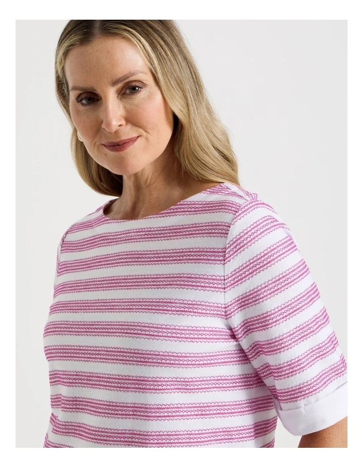 Short Sleeve Boat Neck Tee with Cuff in White and Hot Pink Embroidered Stripe image 3