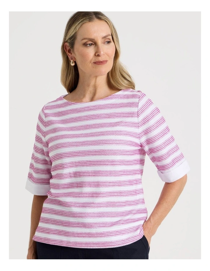 Short Sleeve Boat Neck Tee with Cuff in White and Hot Pink Embroidered Stripe image 4