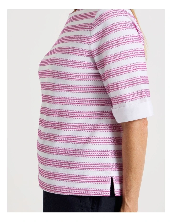 Short Sleeve Boat Neck Tee with Cuff in White and Hot Pink Embroidered Stripe image 5