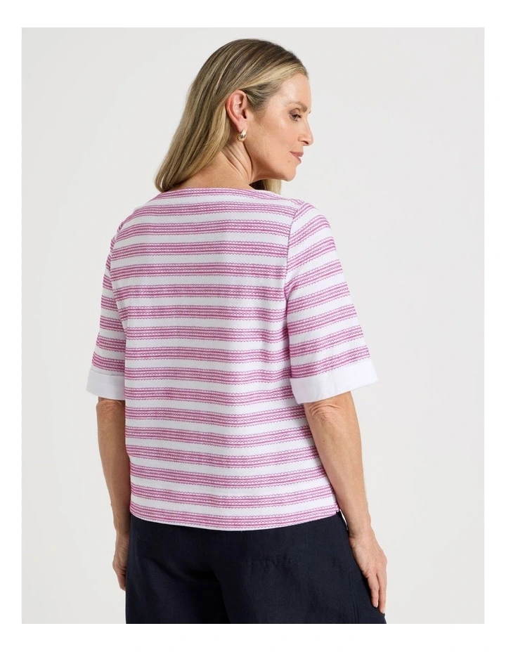 Short Sleeve Boat Neck Tee with Cuff in White and Hot Pink Embroidered Stripe image 6