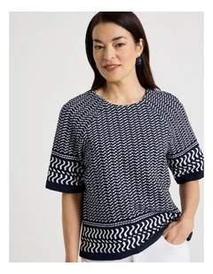 Raglan Sleeve Woven Front/Knit Back Tee In Navy/ White Border Print