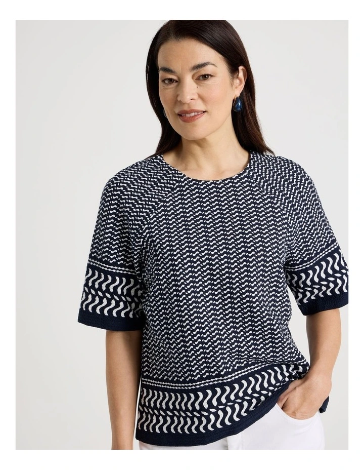 Raglan Sleeve Woven Front/Knit Back Tee In Navy/ White Border Print image 1